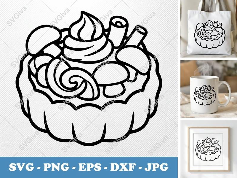 Tart SVG | Modern Dessert with Mushrooms & Swirls | PNG EPS DXF for Cricut & Silhouette | Food Cut File