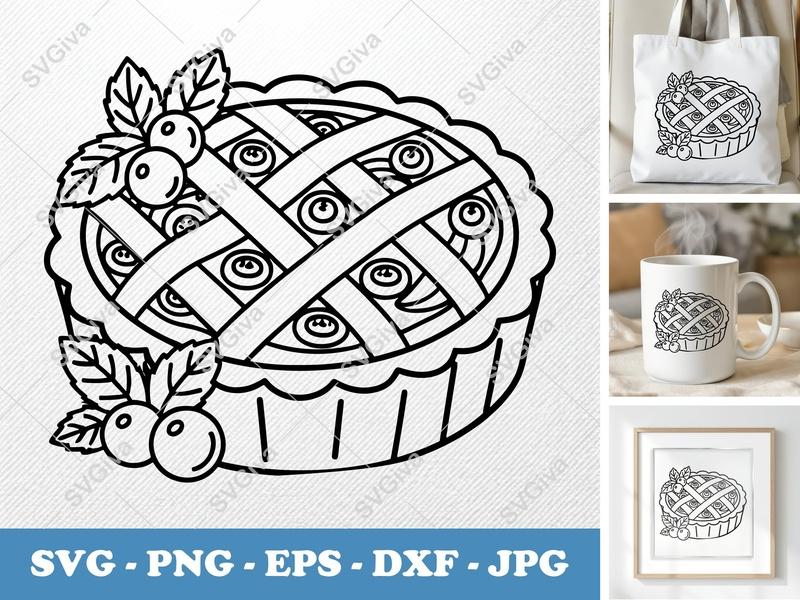 Tart SVG | Pie Lattice Design with Berries & Leaves | PNG EPS DXF | Cricut Silhouette Cut File