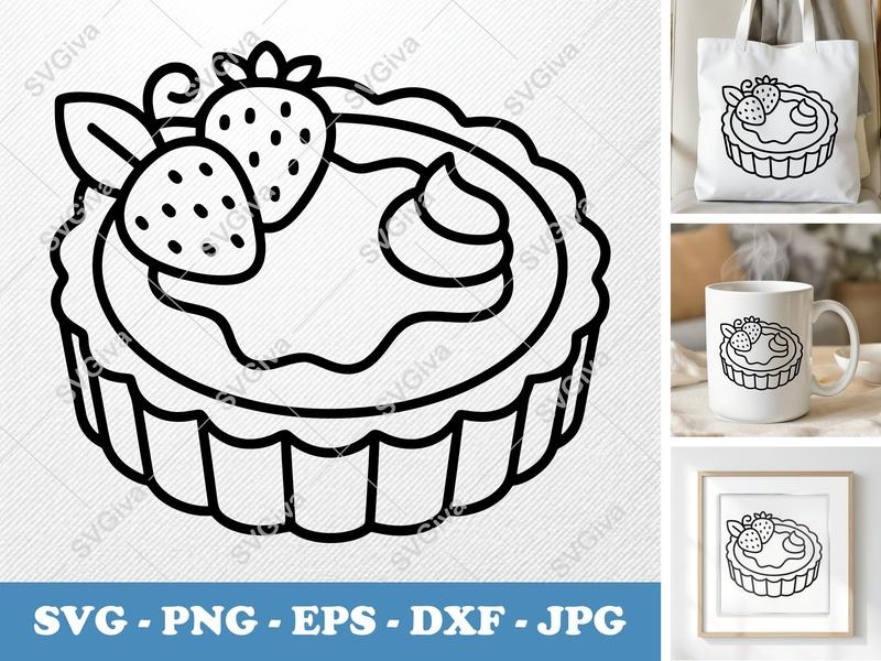 Tart SVG | Strawberry Dessert Slice, Modern Food Line Art, PNG EPS DXF for Cricut & Silhouette