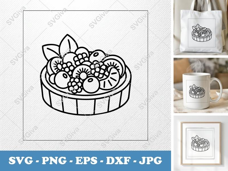 Tart with Berries & Kiwi SVG, Fruit Dessert PNG EPS DXF, Food Cricut Silhouette Cut File