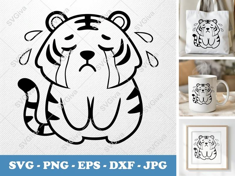 Tiger Crying SVG, Cute Sad Tiger PNG, EPS, DXF | Modern Animal Cut File for Cricut, Silhouette | Kawaii Design