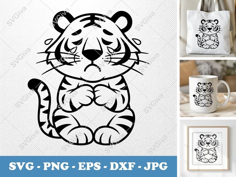 Tiger Crying SVG | Friendly Rounded Bean-Shaped Design | PNG DXF EPS | Cricut Silhouette File