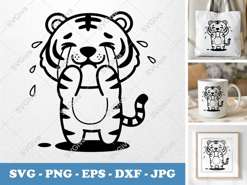 Tiger Crying SVG, Sad Tiger Clipart, Cute Animal SVG, PNG, EPS, DXF for Cricut & Silhouette, Digital Download
