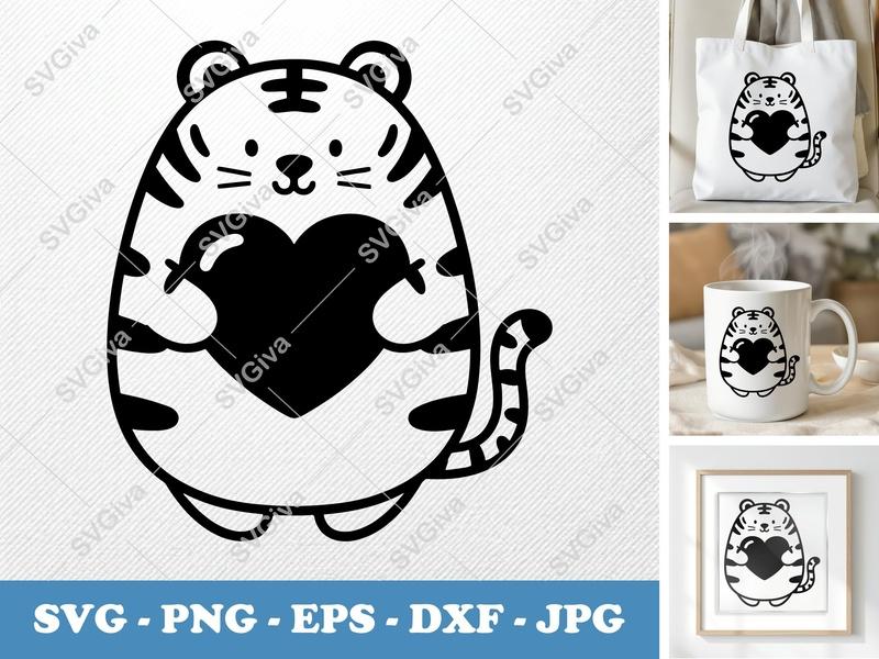 Tiger Heart SVG, Cute Kawaii Love Tiger PNG EPS DXF | Cricut Silhouette Cut File, Modern Animal Clipart