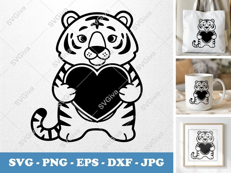 Tiger Holding Heart SVG | Friendly Bean-Shaped Animal | PNG DXF EPS | Cricut Silhouette File