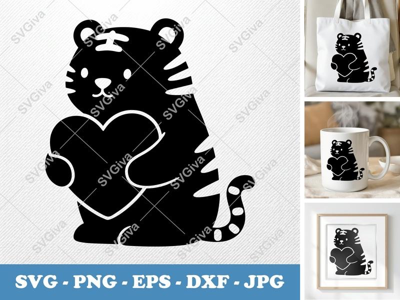 Tiger Holding Heart SVG | Puffy Soft Shapes | Inflated Pillow Art | PNG DXF EPS | Cricut Silhouette File
