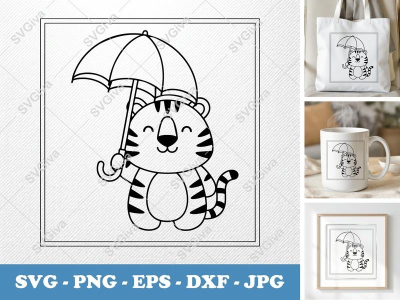 Tiger Holding Umbrella SVG | Friendly Rounded Body Bean-Shaped Design | PNG DXF EPS | Cricut Silhouette File