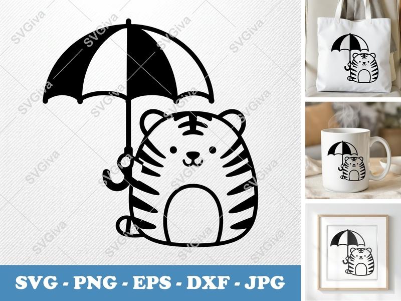 Tiger Holding Umbrella SVG PNG DXF EPS | Cute Animal Cut File Cricut Silhouette Vector