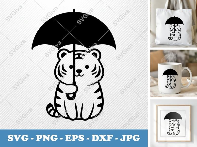 Tiger Holding Umbrella SVG | Puffy Soft Forms PNG DXF EPS | Cricut Silhouette Cut File