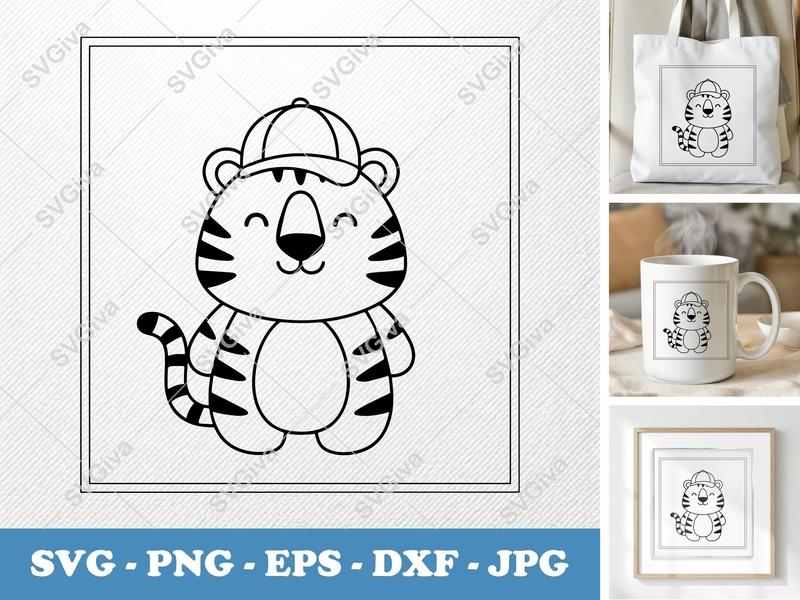 Tiger in a Cap SVG | Friendly Rounded Cartoon Design | PNG DXF EPS | Cricut Silhouette Cut File