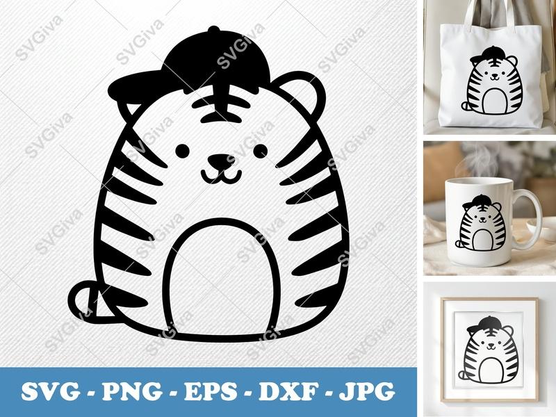 Tiger in a Cap SVG PNG DXF EPS | Cute Animal Cut File Cricut Silhouette Vector Art