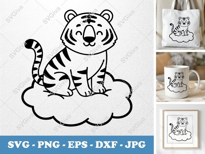 Tiger on Cloud SVG PNG DXF EPS | Cute Animal Cut File for Cricut Silhouette
