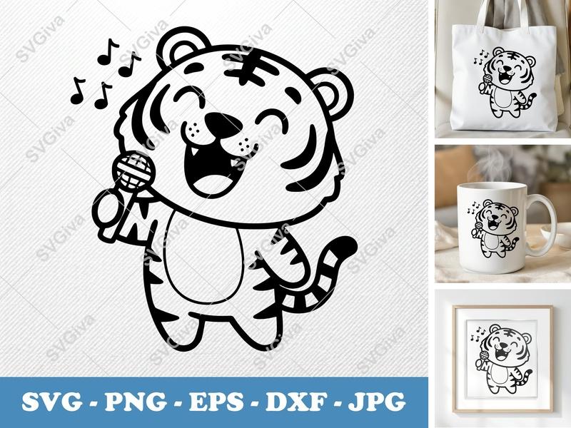 Tiger Singing SVG, Cute Animal Mic PNG, EPS, DXF Cut File for Cricut, Silhouette, Kids Craft, Music Lover Design