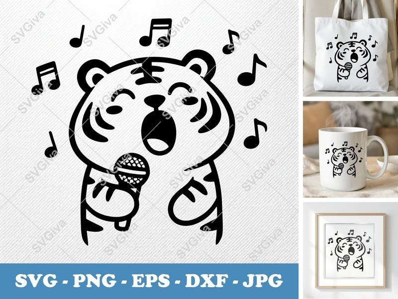 Tiger Singing SVG, Cute Karaoke Music Notes PNG, EPS, DXF Cut File for Cricut, Silhouette, Shirt Design, Kids Craft
