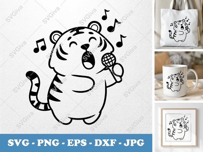 Tiger Singing SVG, Cute Karaoke PNG, Music EPS, DXF - Cricut & Silhouette Cut File, Animal Clipart, Digital Download
