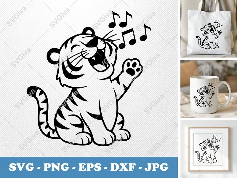 Tiger Singing SVG | Friendly Rounded Bean Shaped Forms | PNG DXF EPS | Cricut Silhouette Cut File