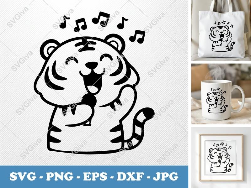 Tiger Singing SVG | Music Notes PNG DXF EPS Cut File for Cricut Silhouette Projects