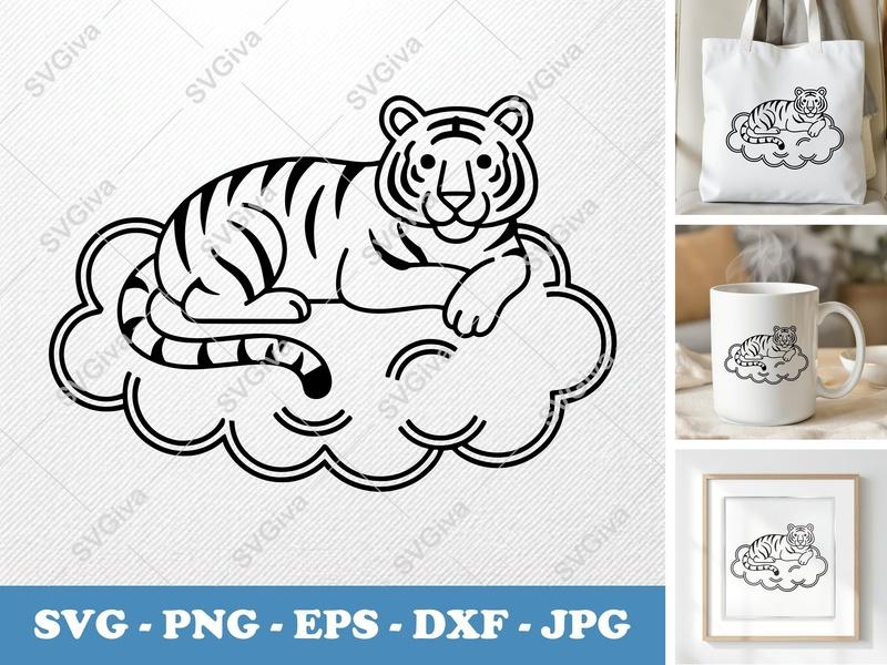 Tiger Sitting on Cloud SVG | Minimalist Double-Outline Design | PNG DXF EPS | Cricut Silhouette Cut File