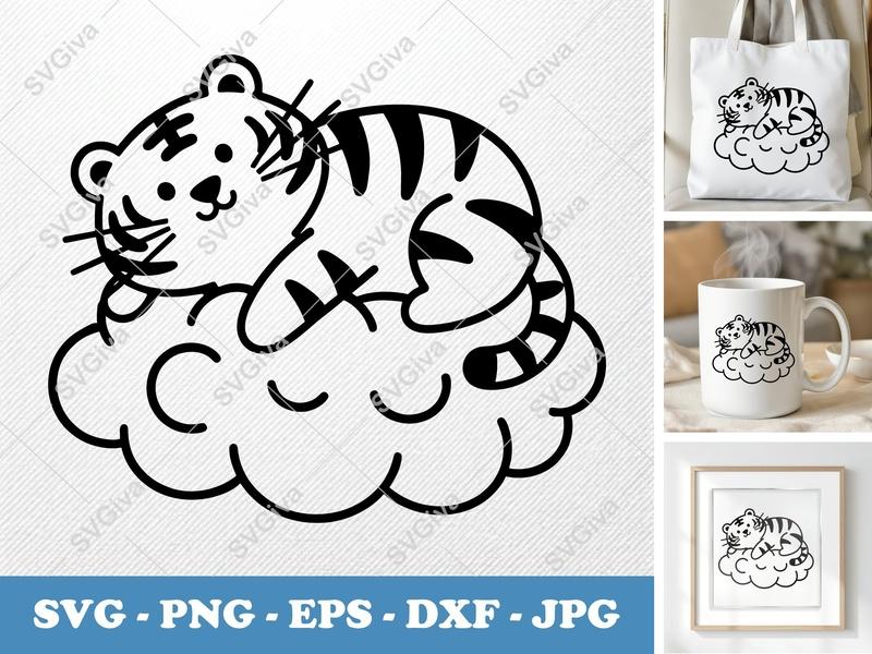 Tiger Sitting on Cloud SVG PNG DXF EPS | Puffy Shapes Cartoon Cut File | Cricut Silhouette | Inflated Pillow Soft Design