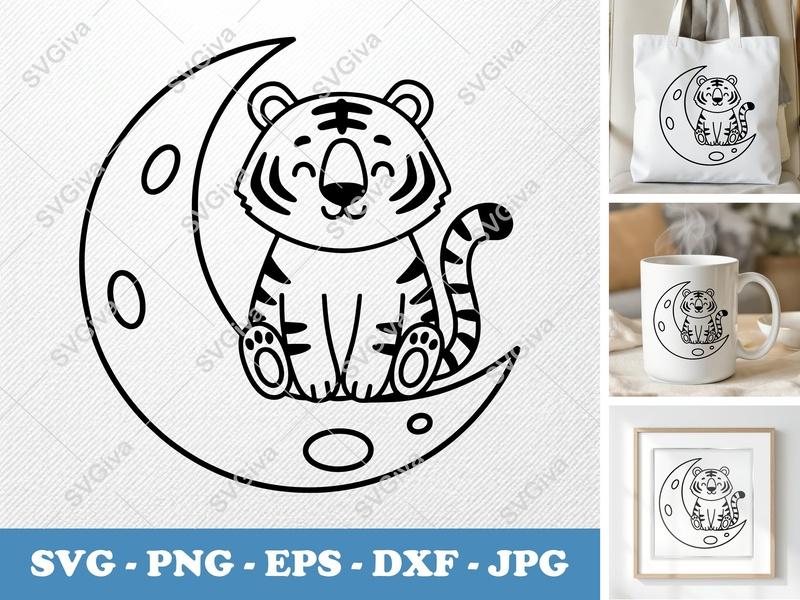 Tiger Sitting on Moon SVG | Cute Animal Cut File PNG DXF EPS Cricut Silhouette