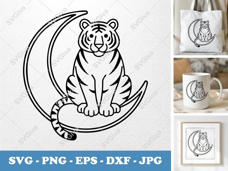 Tiger Sitting on Moon SVG | Minimalist Double-Outline Cut File | Thick Contour Thin Lines | PNG DXF EPS | Cricut Silhouette