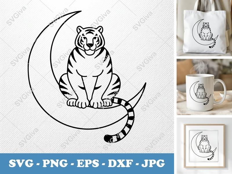 Tiger Sitting on Moon SVG | Minimalist Vector Design | PNG DXF EPS | Cricut Silhouette File