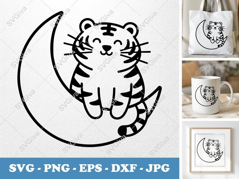 Tiger Sitting on Moon SVG | Puffy Cartoon Design | PNG DXF EPS | Cricut Silhouette File