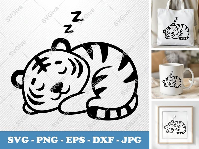 Tiger Sleeping SVG, Cute Animal Nap Time PNG EPS DXF | Cricut & Silhouette Cut File | Modern Cartoon Design