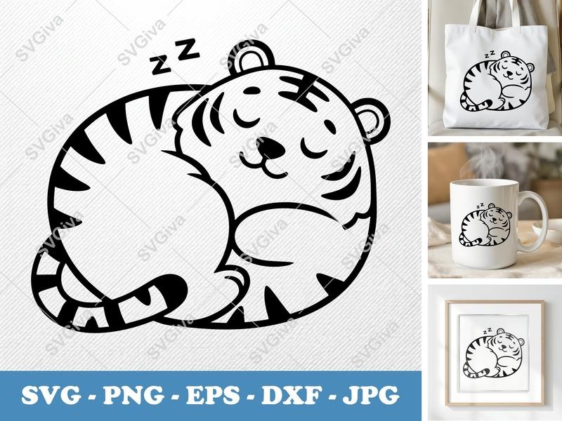 Tiger Sleeping SVG, Cute Animal Nap Time PNG, EPS, DXF | Modern Design for Cricut & Silhouette Machines