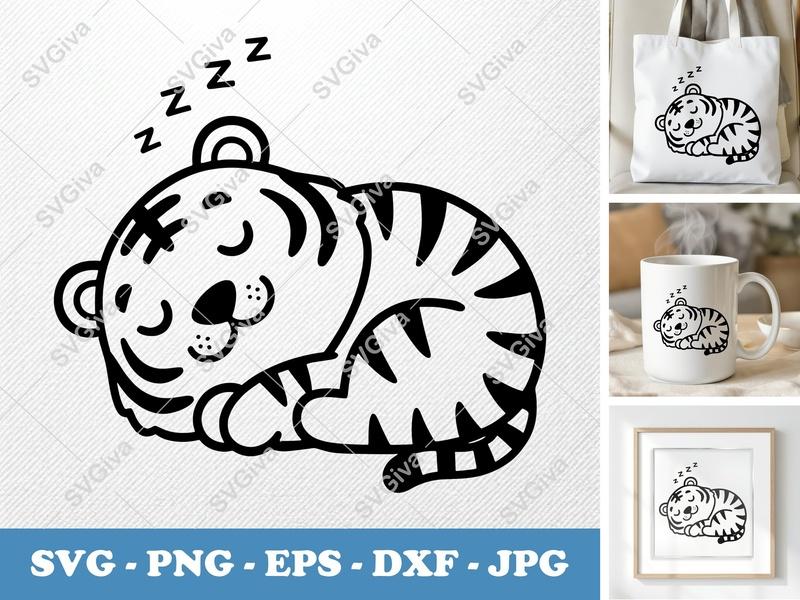 Tiger Sleeping SVG, Cute Baby Tiger PNG EPS DXF, Cartoon Animal Cut File for Cricut Silhouette, Modern Clean Design