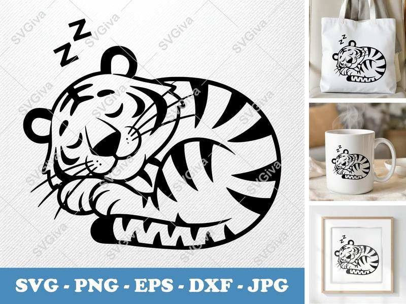 Tiger Sleeping SVG | Friendly Rounded Bean-Shaped Cut File | PNG DXF EPS for Cricut Silhouette
