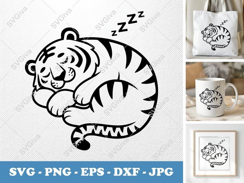 Tiger Sleeping SVG | Puffy Cartoon Style Digital Download | Zzz | PNG DXF EPS | Cricut Silhouette File
