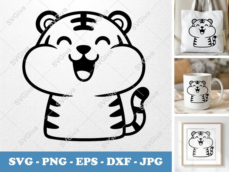 Tiger Smiling Happily SVG | Cute Animal Cut File PNG DXF EPS for Cricut Silhouette