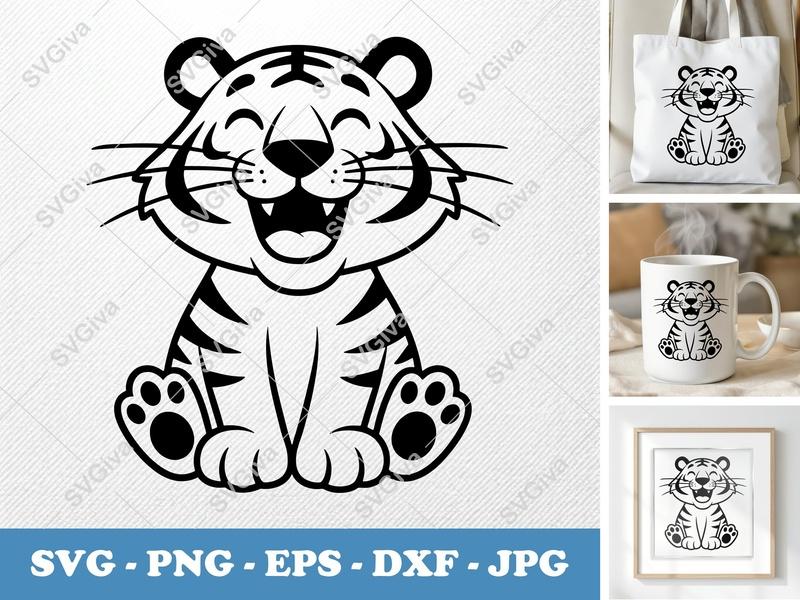 Tiger Smiling Happily SVG, Friendly Bean-Shaped Cut File | Rounded Body PNG, DXF, EPS for Cricut & Silhouette
