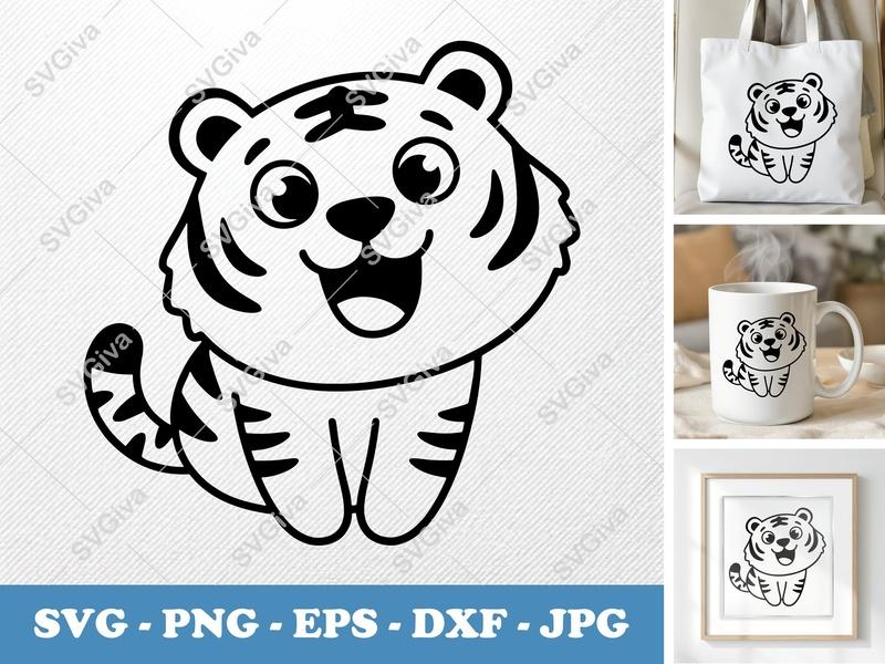 Tiger Smiling Happily SVG | Puffy Cartoon Tiger PNG DXF EPS | Cricut Silhouette Cut File
