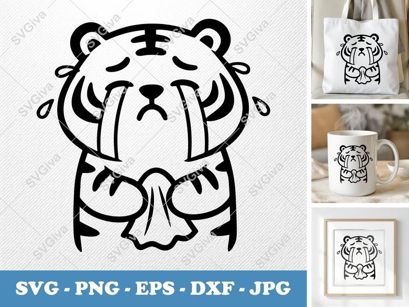 Tiger SVG Crying Sad, Cute Animal Cut File, Modern Kawaii Design for Cricut, Silhouette | PNG EPS DXF Vector Clipart