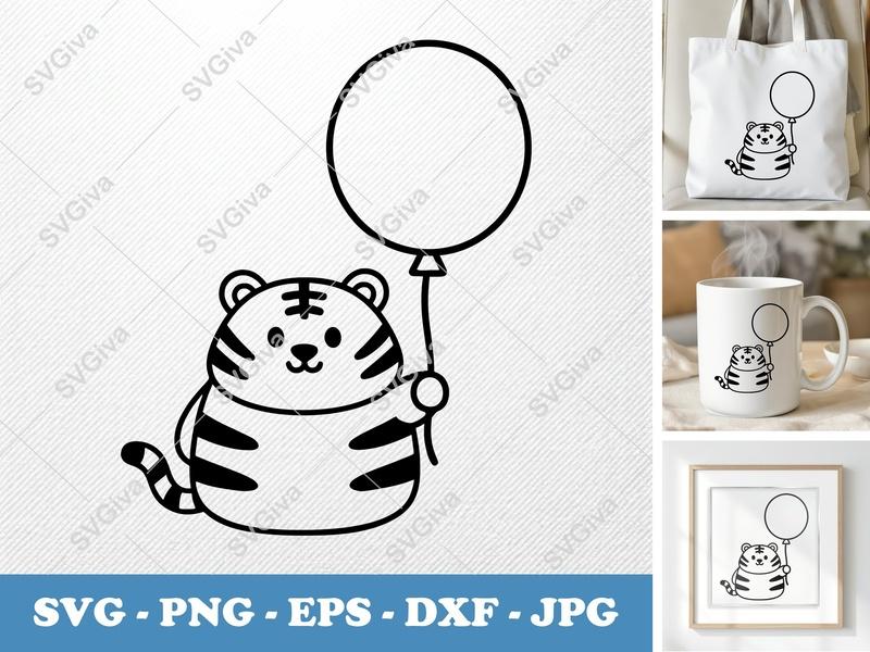 Tiger SVG, Cute Animal Balloon Design, PNG EPS DXF | Cricut & Silhouette Cut File, Modern Cartoon Kawaii Art