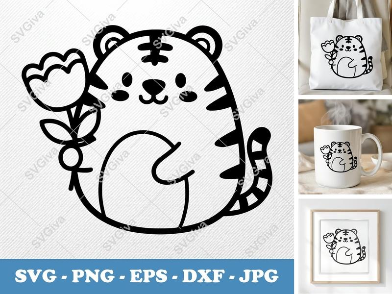 Tiger SVG, Cute Animal with Flower, Cartoon Character Cut File for Cricut, Silhouette | PNG EPS DXF | Modern Design