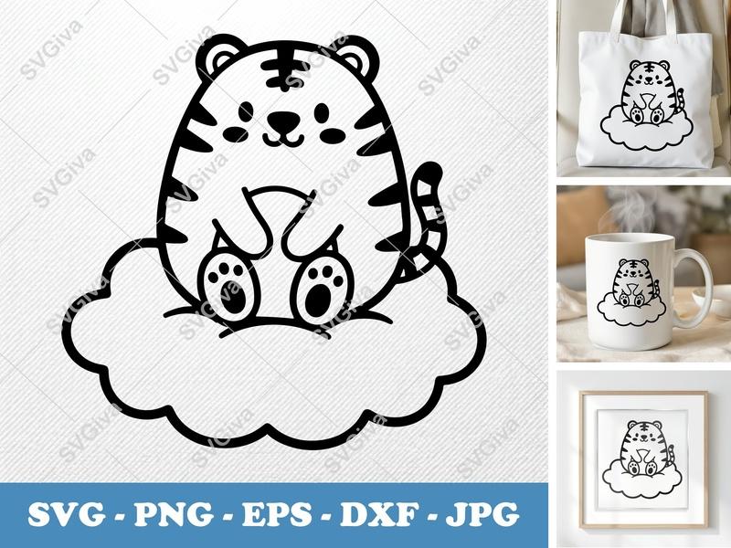 Tiger SVG, Cute Cartoon Cloud Design, Animal Kawaii Clip Art, PNG EPS DXF for Cricut & Silhouette, Digital Download