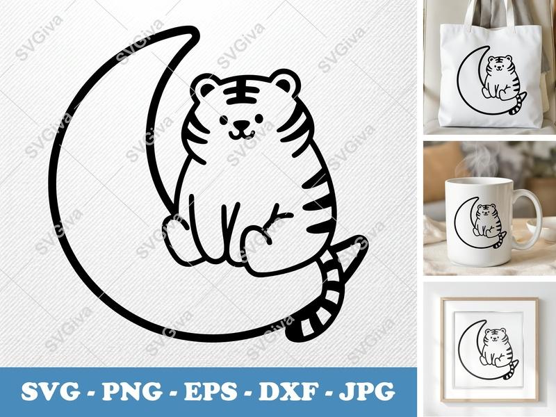 Tiger SVG, Cute Cartoon Moon Design, PNG, EPS, DXF | Cricut & Silhouette Cut File, Modern Animal Clipart