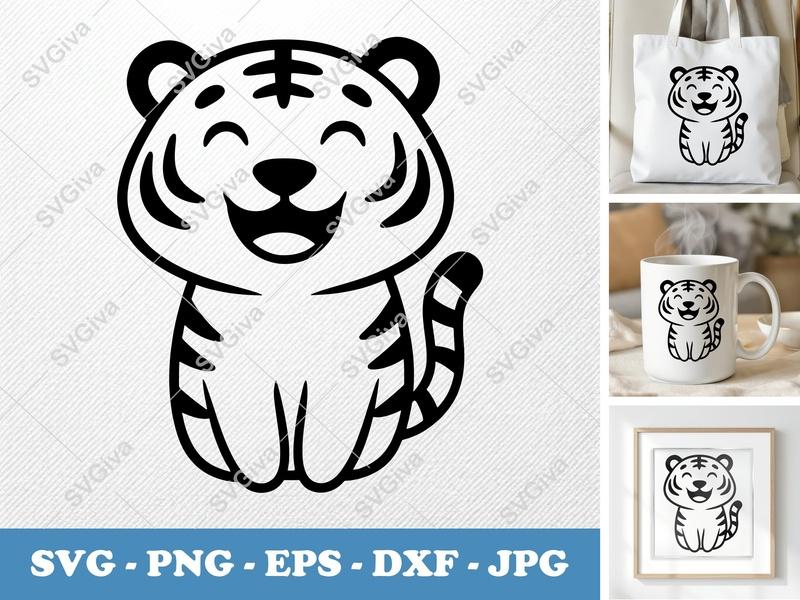 Tiger SVG, Cute Cartoon Smile Tiger Face, PNG EPS DXF | Cricut Silhouette Cut File, Happy Wild Animal Print