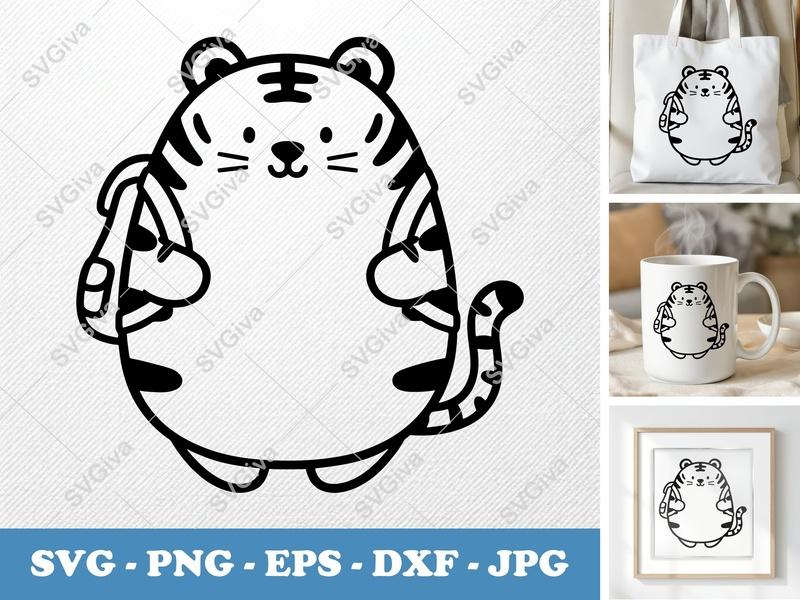 Tiger SVG, Cute Cartoon Tiger with Backpack, PNG EPS DXF | Cricut Silhouette Cut File, Kawaii Animal Art