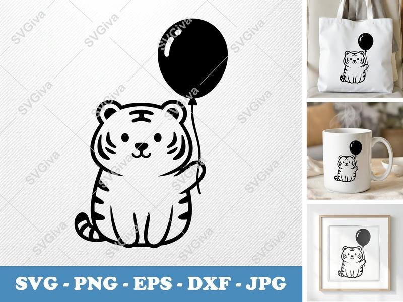 Tiger SVG, Cute Cartoon Tiger with Balloon, Modern Clean Design | PNG EPS DXF for Cricut & Silhouette, Digital Download