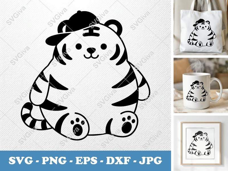 Tiger SVG | Cute Cartoon Tiger with Hat | PNG EPS DXF for Cricut & Silhouette | Kawaii Animal Cut File Design