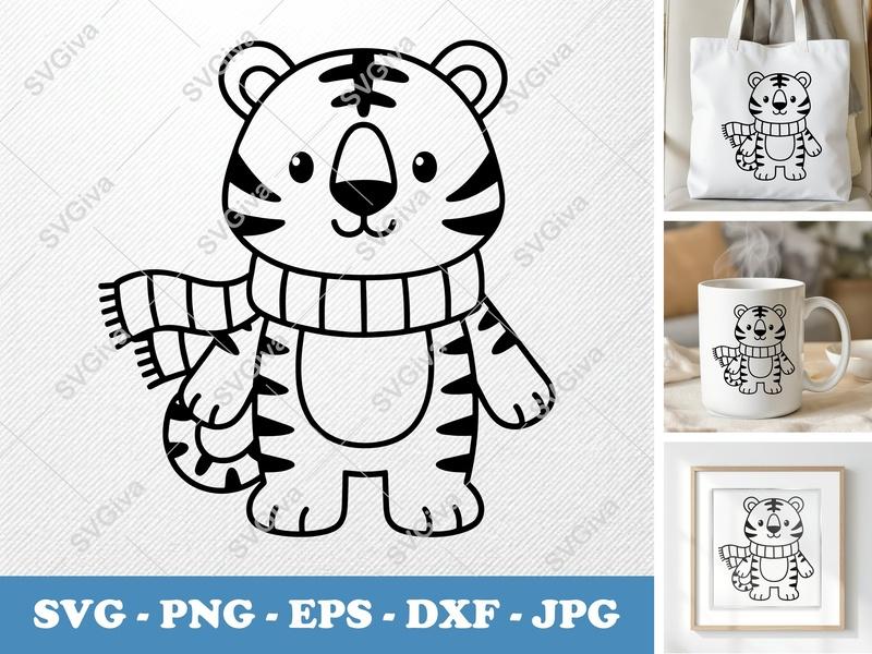 Tiger SVG, Cute Cartoon Tiger with Scarf, PNG EPS DXF, Cricut Silhouette Cut File, Animal Clipart Vector