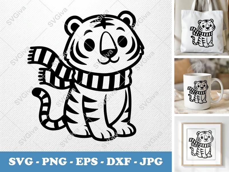 Tiger SVG, Cute Cartoon Tiger with Scarf, Winter Animal Clipart, PNG, EPS, DXF for Cricut & Silhouette