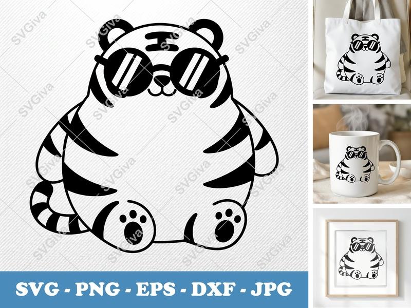 Tiger SVG, Cute Chubby Tiger with Sunglasses PNG EPS DXF | Cricut Silhouette Cut File, Modern Animal Design