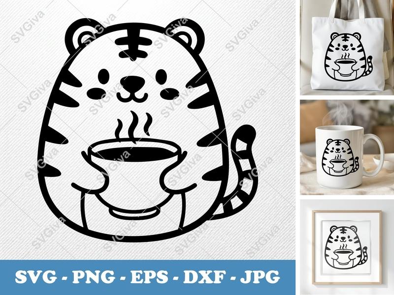Tiger SVG, Cute Coffee Mug Design, Kawaii Animal Cut File, Modern Tiger Clipart for Cricut, Silhouette | PNG EPS DXF Vector Art