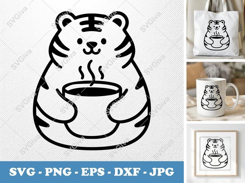 Tiger SVG Cute Coffee Mug, Kawaii Animal Cut File, Modern Clean Design PNG EPS DXF for Cricut, Silhouette, Digital Download