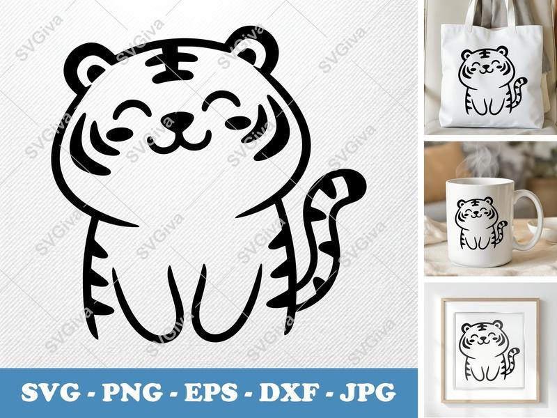 Tiger SVG, Cute Happy Tiger Clipart, Modern Cartoon Animal Cut File for Cricut, Silhouette, PNG, EPS, DXF File Download